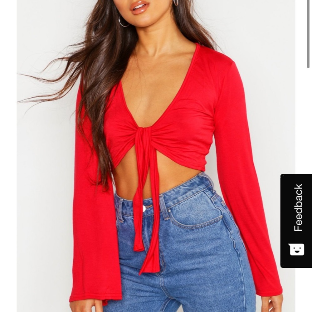 Boohoo Petite Red Tie Front Top